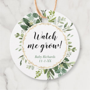 Watch me grow greenery gold eucalyptus baby shower favour tags