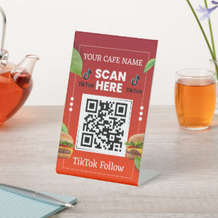 Watch Our Videos QR Code   TikTok Follow   Cafe Pedestal Sign