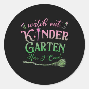 Watch Out Kindergarten Pink And Green Here I Come Classic Round Sticker