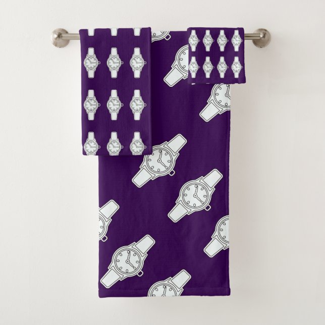 Watch The Time Fun Purple     Bath Towel Set (Insitu)