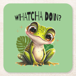 Watcha Doing? Funny Curious Frog Square Paper Coaster