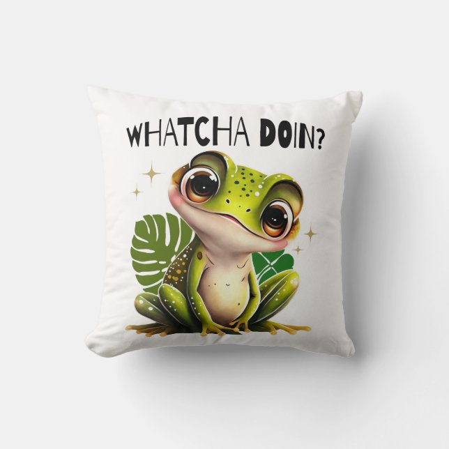 Watcha Doing? Funny Curious Frog Throw Pillow (Front)