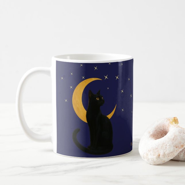 Watcher of the Night – Halloween Black Cat Card Coffee Mug (With Donut)