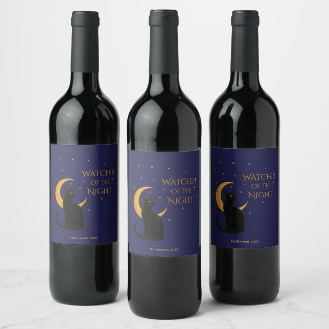 Watcher of the Night – Halloween Black Cat  Wine Label (Bottles)
