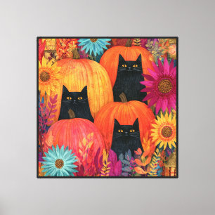 Watchful Black Cat Autumn Pumpkin Patch Canvas Print