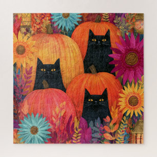 Watchful Black Cat Autumn Pumpkin Patch Jigsaw Puzzle