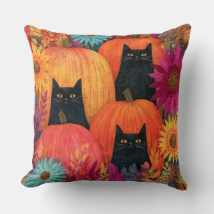 Watchful Black Cat Autumn Pumpkin Patch Throw Pillow