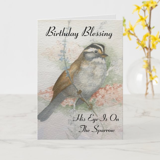 Watchful Sparrow Birthday Blessing Bird Watercolor Card (Yellow Flower)