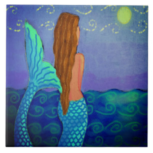 Watching the Sun Abstract Mermaid Painting Tile