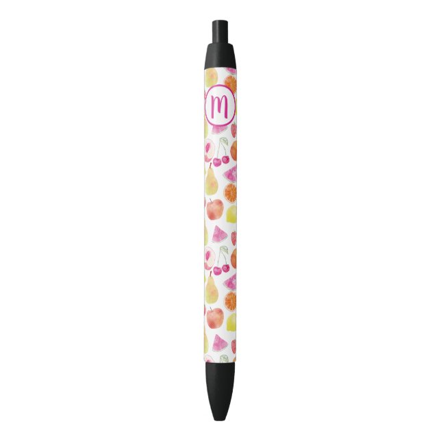 Watecolor Fruit Monogram Black Ink Pen (Front Vertical)