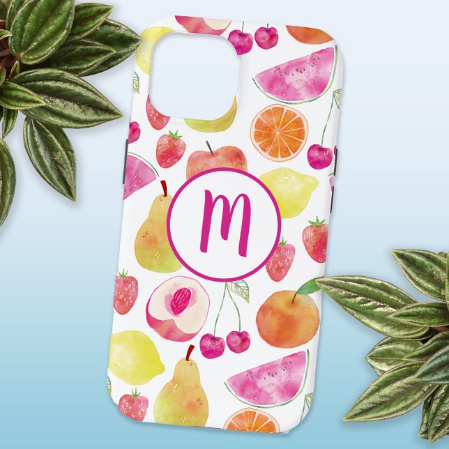 Watecolor Fruit Monogram iPhone 15 Case (Watercolor fruit fun monogram tropical cell phone case)