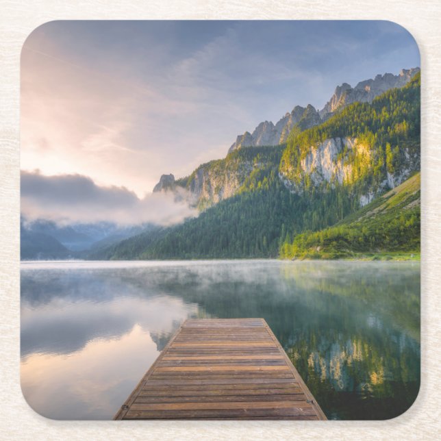 Water | Azure Alpine Lake, Austria Square Paper Coaster (Front)