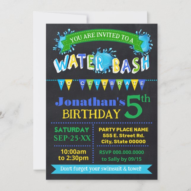 Water Bash Birthday Party Blue Green Chalkboard Invitation (Front)