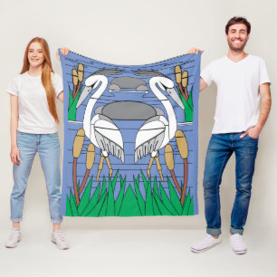 Water Birds Swan Couple Watercolor Pond Scenery  Fleece Blanket
