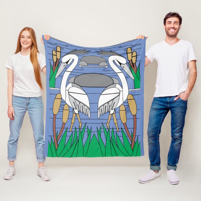 Water Birds Swan Couple Watercolor Pond Scenery  Fleece Blanket (In Situ)