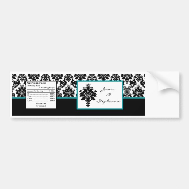 Water Bottle Label Black Teal Damask Lace Print (Front)
