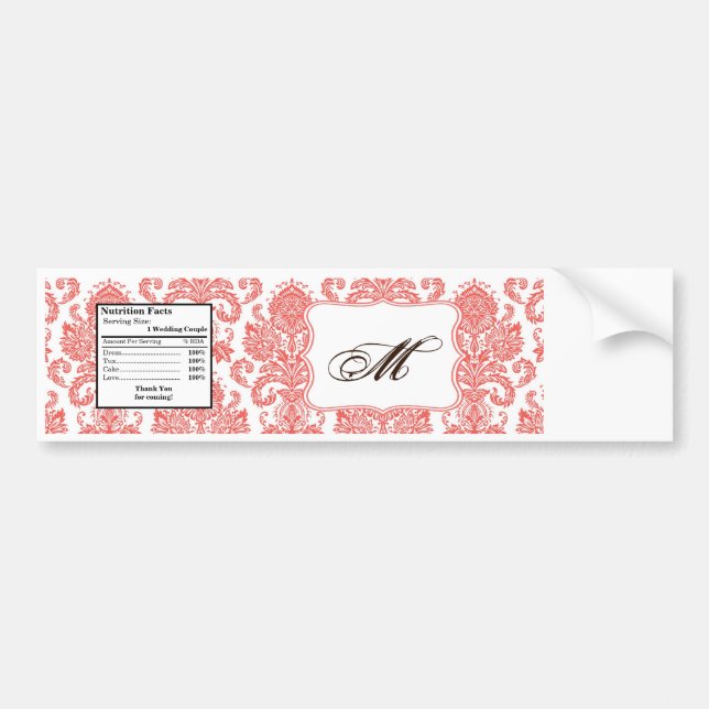 Water Bottle Label Coral White Damask Lace Print (Front)