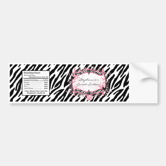 Water Bottle Label Girly Butterfly Zebra Print (Front)