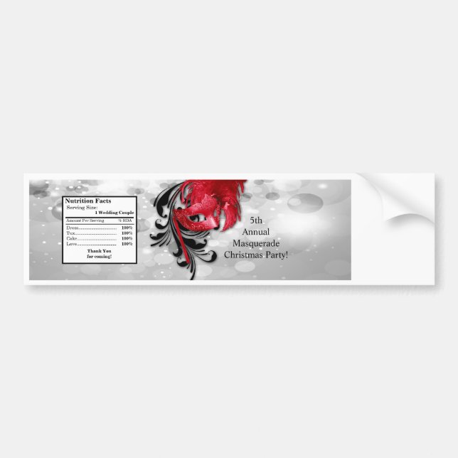 Water Bottle Label Red on Silver Masquerade (Front)