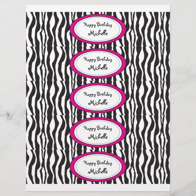 Water Bottle Labels | Hot Pink and Zebra (Front)