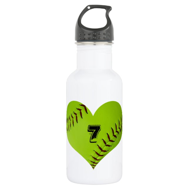 Water bottle with heart shaped softball. (Front)
