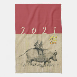 Water Buffalo Children Chinese Ox Year 2021 colour Kitchen Towel