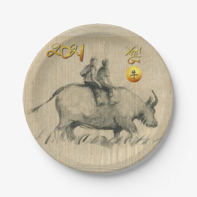 Water Buffalo Children Chinese Ox Year 2021 PP Paper Plate (Front)