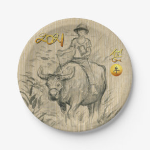 Water Buffalo Kid Chinese Ox Year 2021 PP Paper Plate