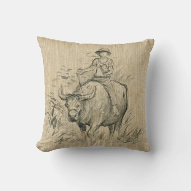 Water Buffalo Kid Chinese Ox Year 2021 Sq Pillow (Front)