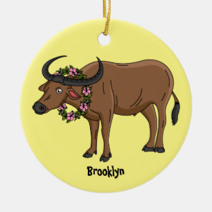 Water buffalo with flowers cartoon illustration ceramic ornament