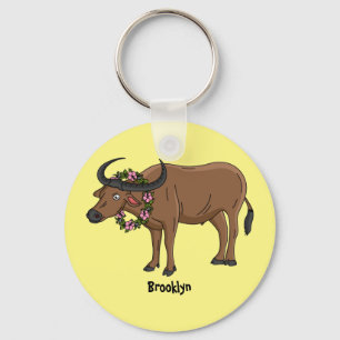 Water buffalo with flowers cartoon illustration keychain