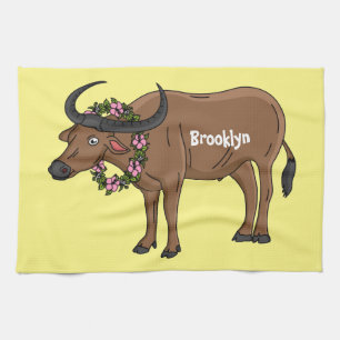 Water buffalo with flowers cartoon illustration kitchen towel