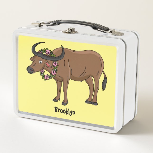 Water buffalo with flowers cartoon illustration metal lunch box (Front)
