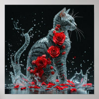 🌹 Water Cat Surrounded Red Roses Fantasy Romantic