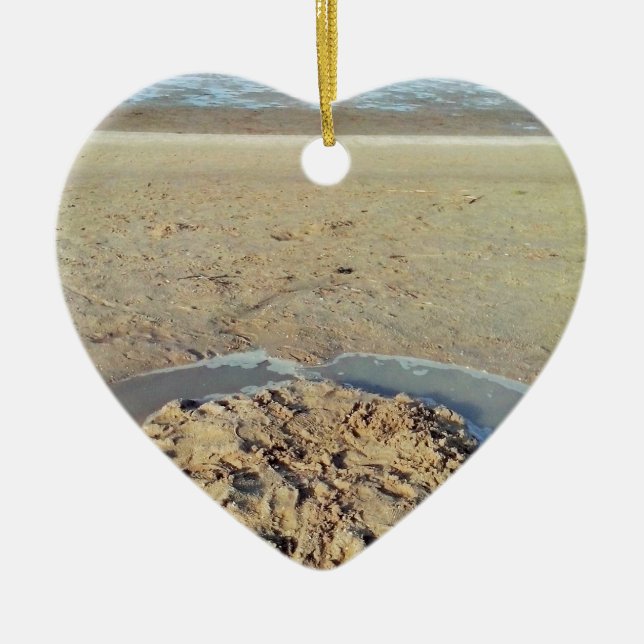 Water Circle in Sand on Beach, Summer Time Ceramic Ornament (Front)