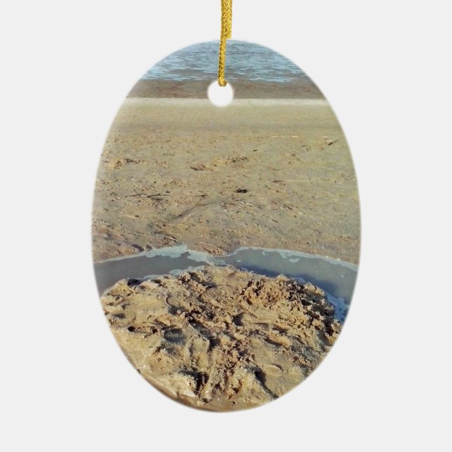 Water Circle in Sand on Beach, Summer Time Ceramic Ornament (Front)