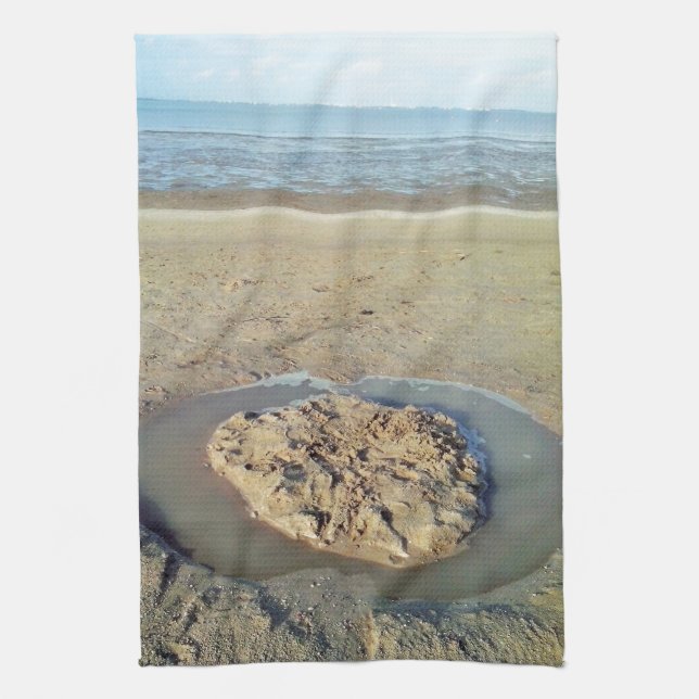 Water Circle in Sand on Beach, Summer Time Kitchen Towel (Vertical)