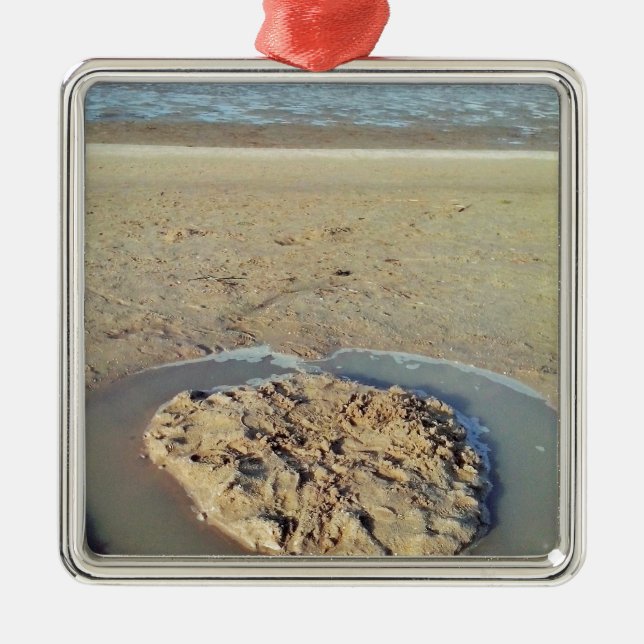 Water Circle in Sand on Beach, Summer Time Metal Ornament (Front)