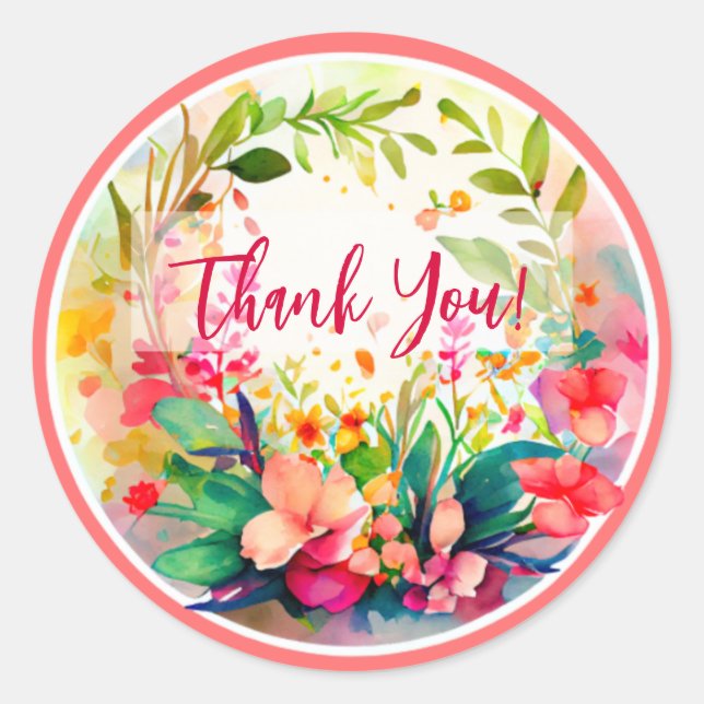 WATER COLOR DESIGN FLOWERS "THANK YOU"    CLASSIC ROUND STICKER (Front)