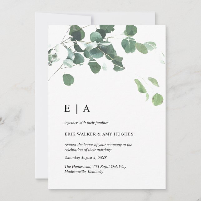 Water color eucalyptus leaves pari invitation (Devant)