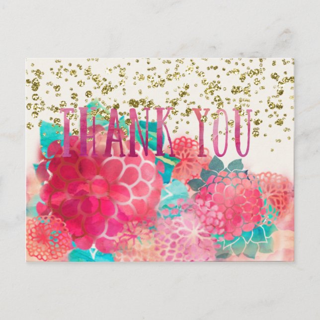 Water colour and Gold Sequined Thank You Postcard (Front)