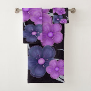 water colour black purple floral bath towel set