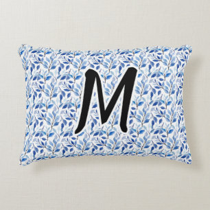 Water Colour Blue Leaf Mosaic Fine Art Monogram Accent Pillow