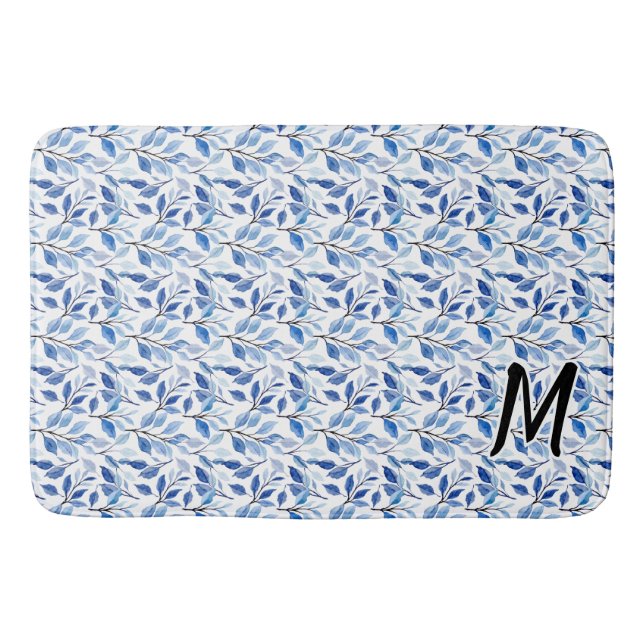 Water Colour Blue Leaf Mosaic Fine Art Monogram Bath Mat (Front)