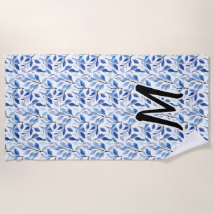 Water Colour Blue Leaf Mosaic Fine Art Monogram Beach Towel