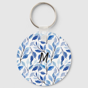 Water Colour Blue Leaf Mosaic Fine Art Monogram Keychain
