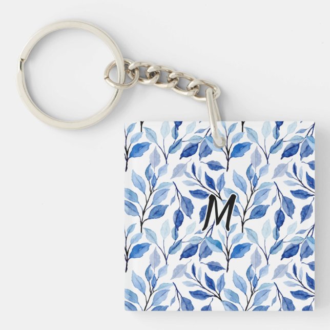 Water Colour Blue Leaf Mosaic Fine Art Monogram Keychain (Front)