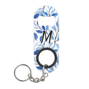 Water Colour Blue Leaf Mosaic Fine Art Monogram Keychain Bottle Opener