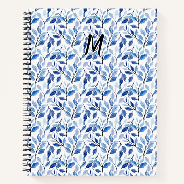 Water Colour Blue Leaf Mosaic Fine Art Monogram Notebook (Front)