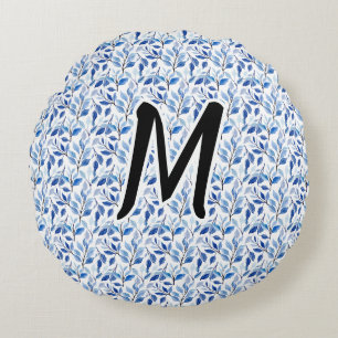 Water Colour Blue Leaf Mosaic Fine Art Monogram Round Pillow